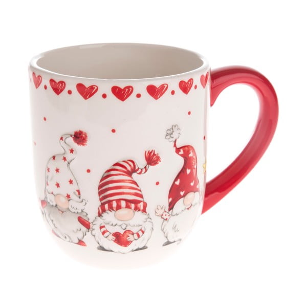 Baltos ir raudonos spalvos keraminis puodelis su nykštukų motyvais Dakls