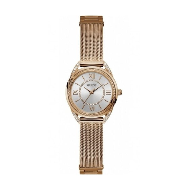 Rožinio aukso moteriškas laikrodis su nerūdijančio plieno dirželiu Guess W1084L3
