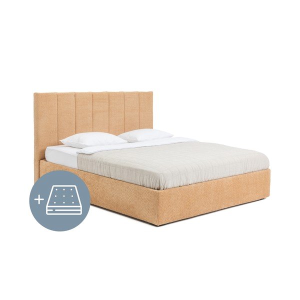 Minkšta dvigulė lova su čiužiniu ir grotelėmis 180x200 cm, garstyčių spalvos, su daiktadėže Thessa Bold Line - Bonami Selection