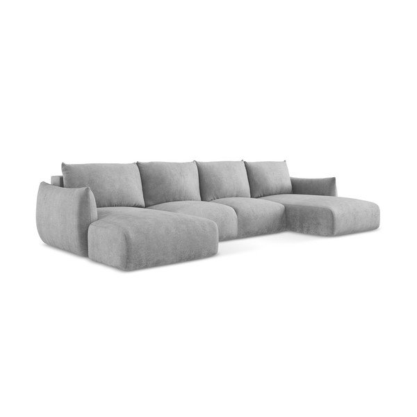 Šviesiai pilkos spalvos iš šenilinio audinio sulankstoma kampinė sofa („U“ formos) Leila – Makamii-image-3