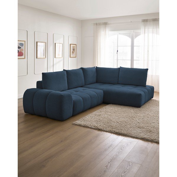 Tamsiai mėlynos spalvos iš šenilinio audinio sulankstoma/su sandėliavimo vieta kampinė sofa (su dešiniuoju kampu/„L“ formos) Everest – Bobochic Paris-image-1