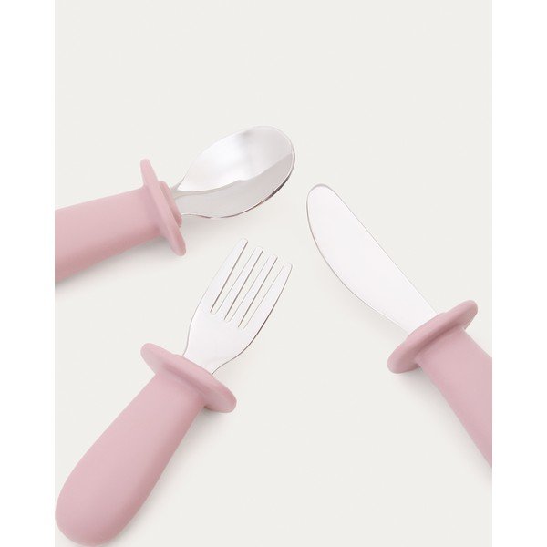 Rožinės spalvos plastikiniai/iš silikono vaikiški stalo įrankiai 3 vnt. Lili – Kave Home-image-3