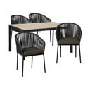 Sodo valgomojo komplektas 4 asmenims su juodomis kėdėmis Trapani ir stalu Thor, 147 x 90 cm