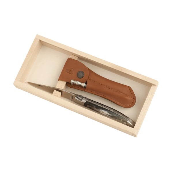 Kišeninis peilis su natūralaus rago rankena odiniame dėkle ir dėžutėje Jean Dubost