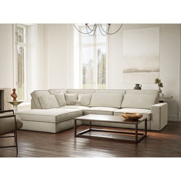 Pilkai smėlinės spalvos kampinė sofa iš šenilinio audinio (su kairiuoju kampu/„L“ formos) Kirou – Maison de Rêve-image-1