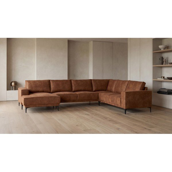 Iš dirbtinės odos kampinė sofa konjako rudos spalvos (su kairiuoju kampu/„U“ formos) Copenhagen – Scandic-image-1