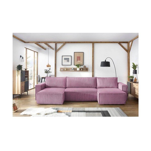 Sulankstoma kampinė sofa rožinės spalvos iš kordinio velveto („U“ formos) Nihad – Bobochic Paris-image-1