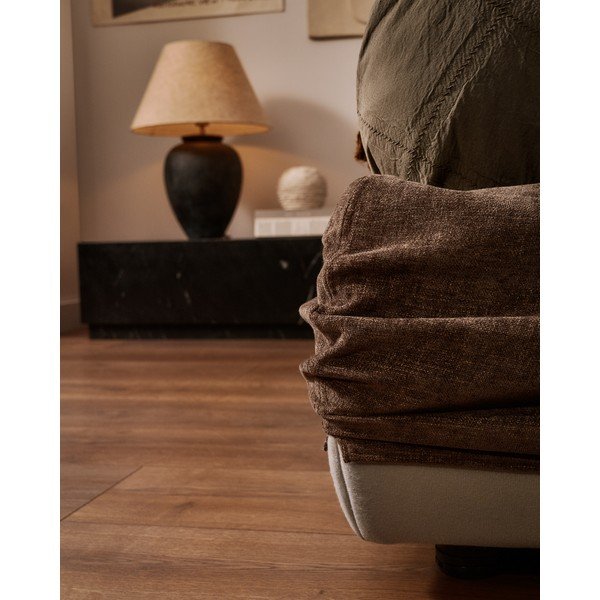 Tamsiai rudos spalvos iš šenilino dvigulė lova audiniu dengta su sandėliavimo vieta su lovos grotelėmis 180x200 cm Dafra – Kave Home-image-3