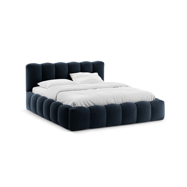 Tamsiai mėlynos spalvos dvigulė lova audiniu dengta su sandėliavimo vieta su lovos grotelėmis 140x200 cm Lupine – Micadoni 