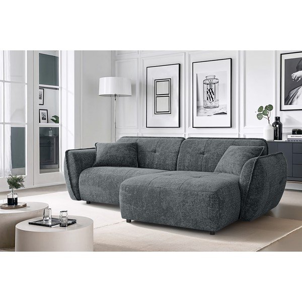 Tamsiai pilkos spalvos kampinė sofa iš šenilinio audinio (su dešiniuoju kampu/su gultu) Nelia – Ropez-image-1