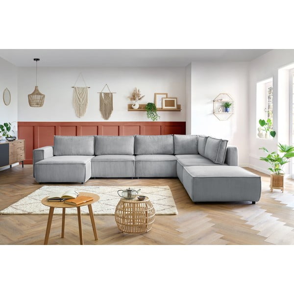 Kampinė sofa šviesiai pilkos spalvos iš kordinio velveto (su dešiniuoju kampu/„U“ formos) Nihad modular – Bobochic Paris-image-1