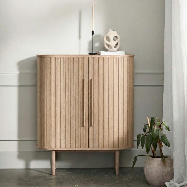 Šviesios natūralios spalvos spintelė iš ąžuolo su stumdomomis durimis 100x118x40 cm Meta – Unique Furniture-image-1