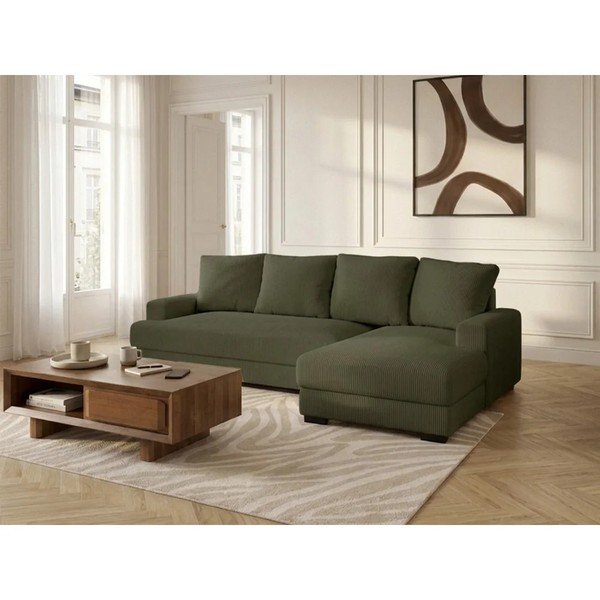 Žalios spalvos sulankstoma/su sandėliavimo vieta kampinė sofa iš kordinio velveto (su dešiniuoju kampu/su gultu) Campi – Bobochic Paris-image-2