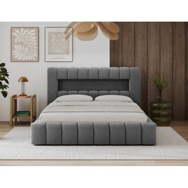 Pilkos spalvos dvigulė lova dengta audiniu su sandėliavimo vieta su lovos grotelėmis 140x200 cm Lamica – ELTAP-image-1