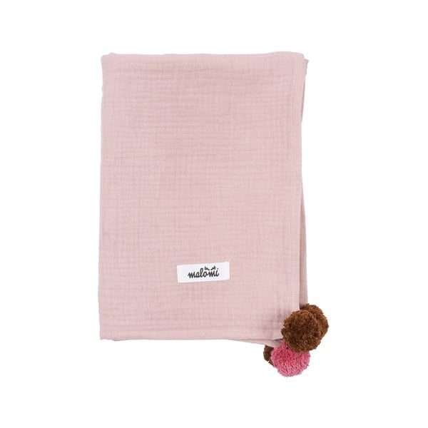 Rožinė muslino antklodė kūdikiui 100x140 cm Pompon - Malomi Kids