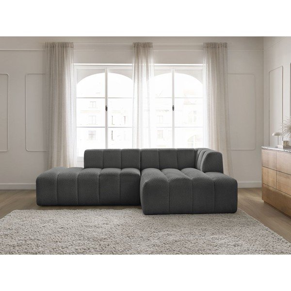 Tamsiai pilkos spalvos iš boucle kampinė sofa (su dešiniuoju kampu/su gultu) Annecy – Bobochic Paris-image-1
