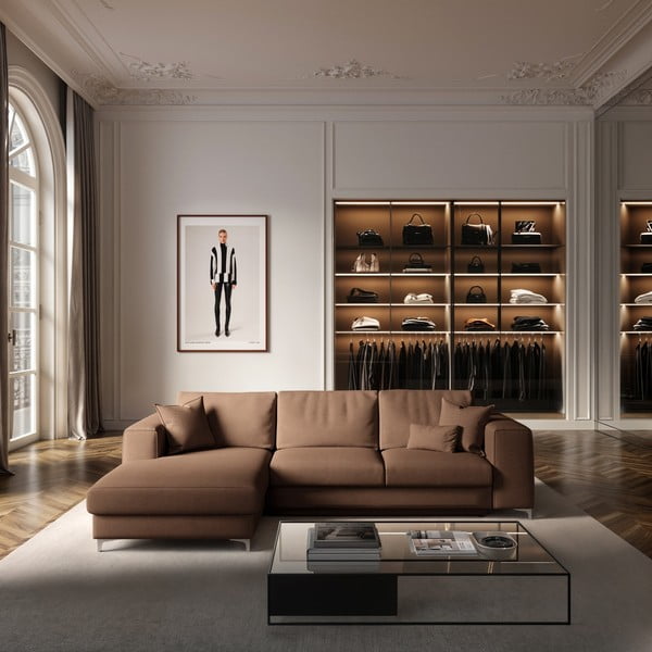 Rudos spalvos iš velveto sulankstoma/su sandėliavimo vieta kampinė sofa (su kairiuoju kampu/su gultu) Rene – Rodier-image-1