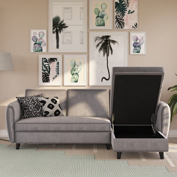 Iš velveto sulankstoma kampinė sofa pilkos spalvos Perry – Støraa-image-1