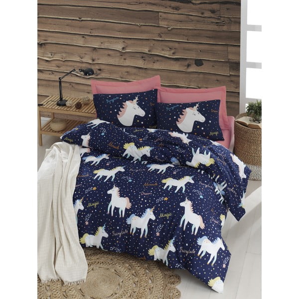 Dvigulės lovos patalynė su paklode "Eponj Home Magic Unicorn Dark Blue", 200 x 220 cm