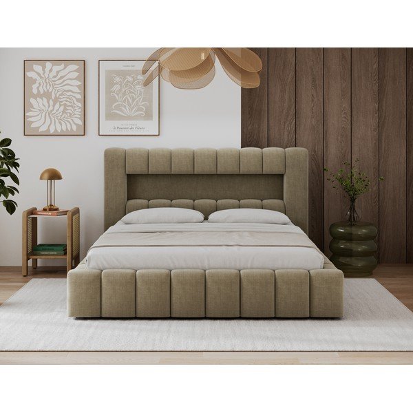 Šviesiai rudos spalvos dvigulė lova dengta audiniu su sandėliavimo vieta su lovos grotelėmis 140x200 cm Lamica – ELTAP-image-1