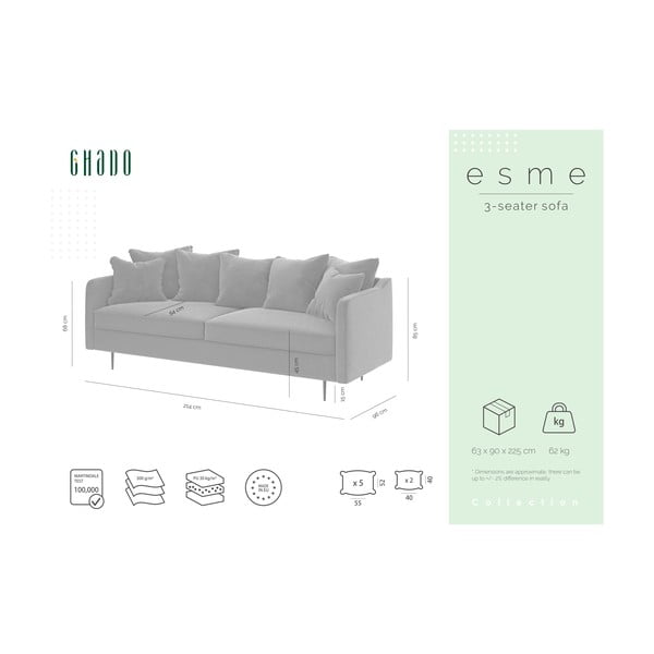 Geltonos spalvos aksominė sofa Ghado Esme, 214 cm-image-3