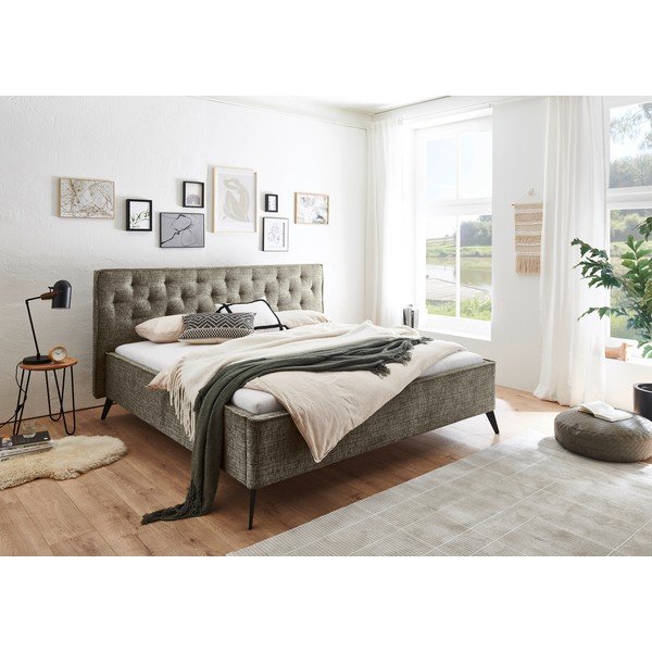 Tamsiai žalios spalvos dvigulė lova audiniu dengta be grotelių 180x200 cm Alicante – Meise Möbel-image-1