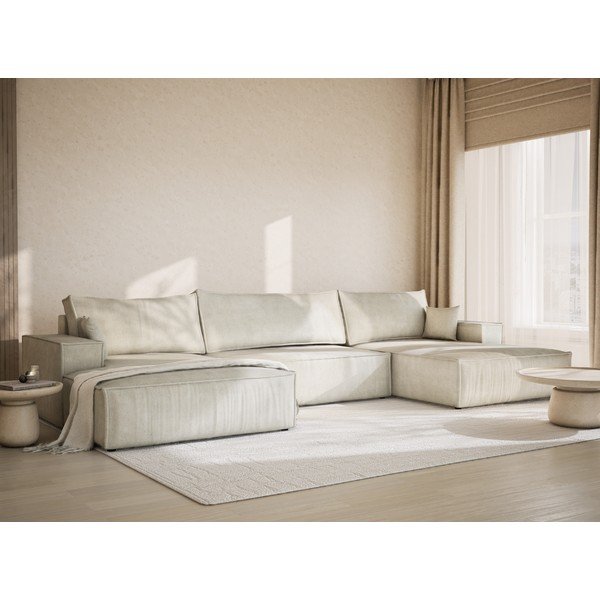 Kreminės spalvos sulankstoma/su sandėliavimo vieta kampinė sofa iš šenilinio audinio („U“ formos) Kyoto – Maison de Rêve-image-1