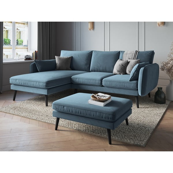 Šviesiai mėlyna aksominė kampinė sofa su juodomis kojomis Kooko Home Lento, kampas kairėje-image-4