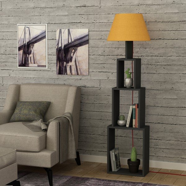 Antracito spalvos laisvai pastatomas šviestuvas su geltonu gaubtu "Homitis Tower-image-1