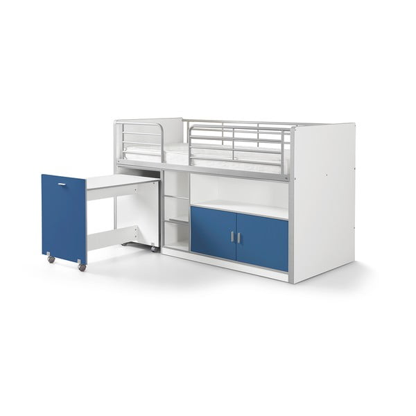 Balta ir mėlyna dviaukštė lova su ištraukiamu staliuku ir daiktadėže "Vipack Bonny", 200 x 90 cm