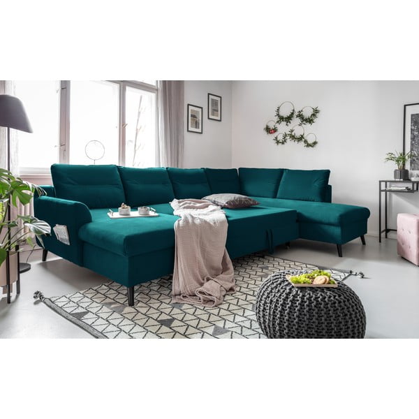 Turkio spalvos aksominė U formos sofa-lova Miuform Stylish Tent, dešinysis kampas-image-4