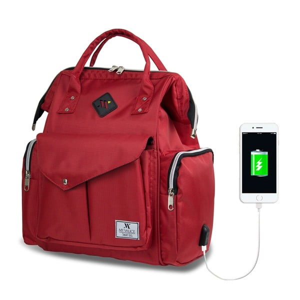 Raudona kuprinė mamoms su USB jungtimi My Valice HAPPY MOM Baby Care Backpack