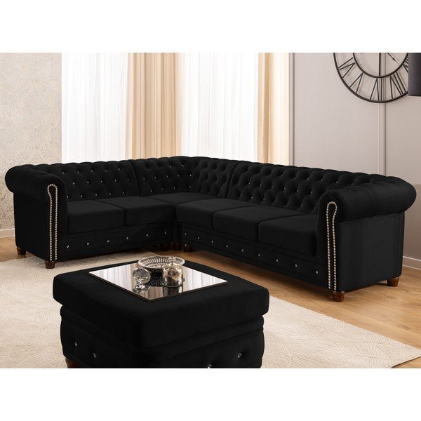 Juodos spalvos sulankstoma kampinė sofa iš velveto (su kairiuoju kampu/„L“ formos) York Blik – Ropez-image-4