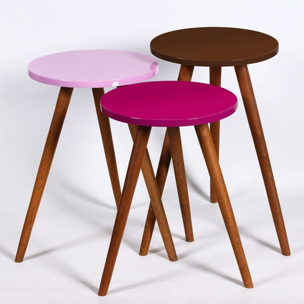 3 "Kate Louise" apvalių staliukų rinkinys (violetinis, rožinis, rudas)