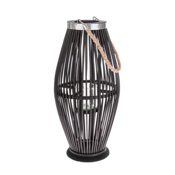 Juodos spalvos stiklinis žibintas su bambuko konstrukcija Dakls, aukštis 49 cm