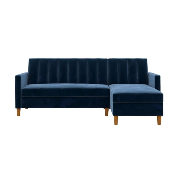 Mėlyna modulinė kampinė sofa-lova su aksominiu paviršiumi ir daiktadėže Støraa Celine