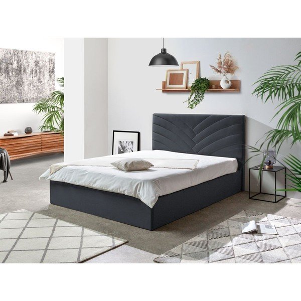 Tamsiai pilka minkšta dvigulė lova su daiktadėže ir grotelėmis 160x200 cm Palmyre - Bobochic Paris-image-1