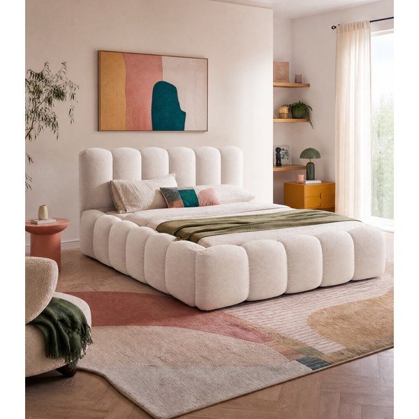 Dvigulė lova kreminės spalvos audiniu dengta su sandėliavimo vieta su lovos grotelėmis 180x200 cm Lupine – Micadoni -image-4