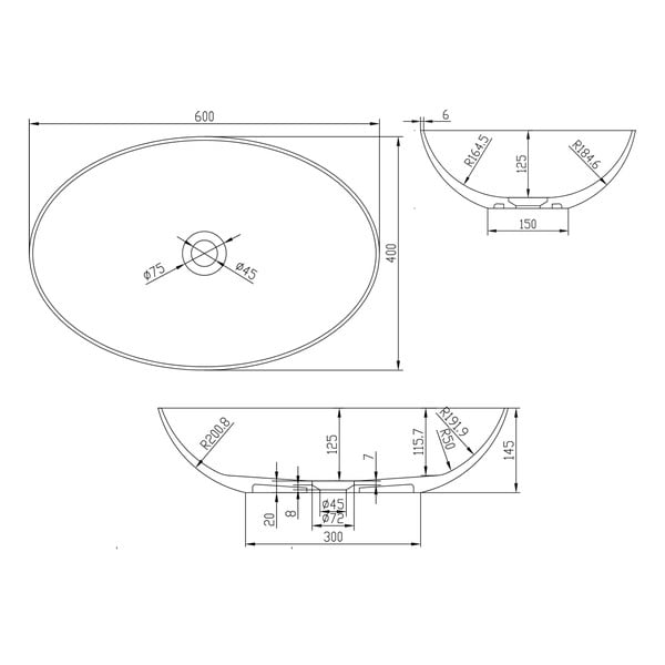 Baltas keraminis praustuvas Sapho Thin, 60 x 40 cm-image-3