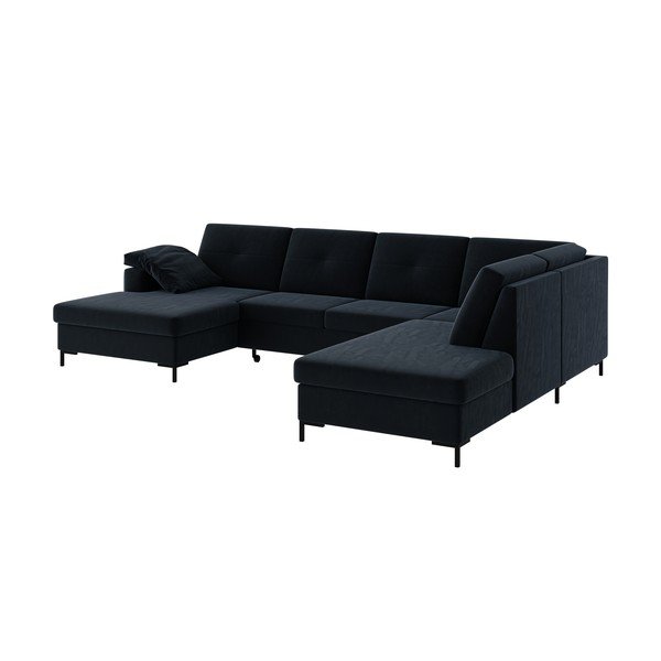 Tamsiai mėlyna aksominė U formos sofa-lova Ghado Moor, dešinysis kampas-image-2