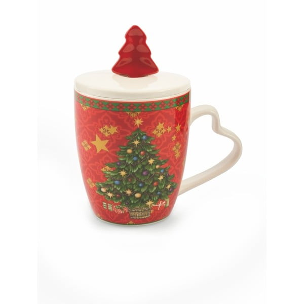 Kalėdinis puodelis su dangteliu iš kaulinio porceliano Villa d'Este XMAS Rosso