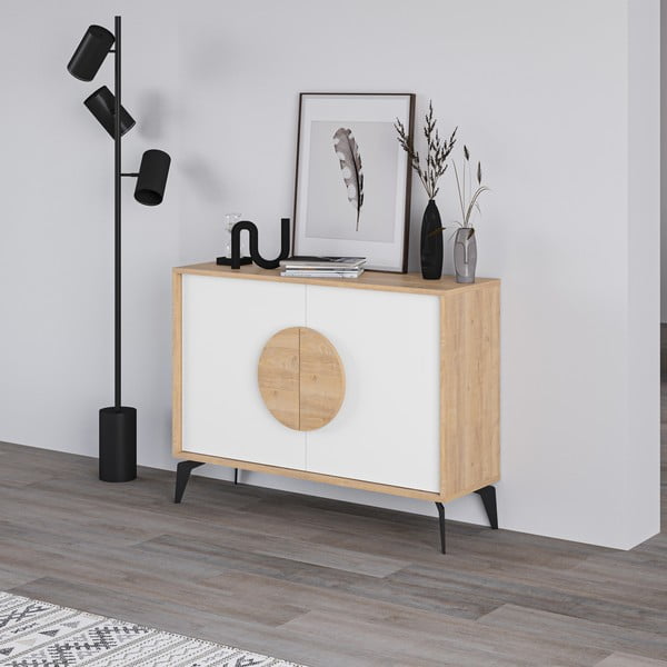 Žema šoninė spintelė baltos spalvos/natūralios spalvos iš ąžuolo 110x82 cm Vae – Marckeric-image-4