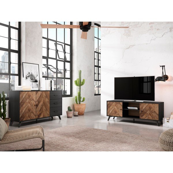 Juodos spalvos graikinio riešuto TV staliukas 136x53 cm Chevrons - Marckeric-image-1
