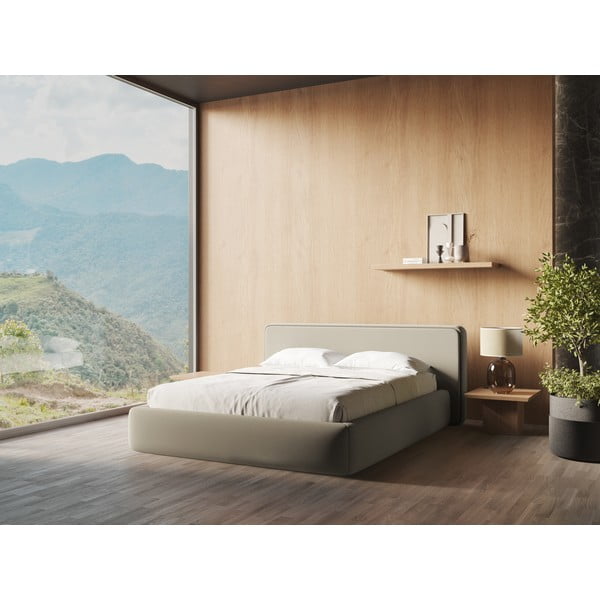 Smėlio spalvos dvigulė lova audiniu dengta su sandėliavimo vieta su lovos grotelėmis 160x200 cm Kiana – Makamii-image-1