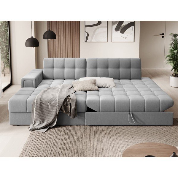 Pilkos spalvos iš velveto sulankstoma kampinė sofa (su kairiuoju kampu/su gultu) Blezalt – ELTAP-image-4