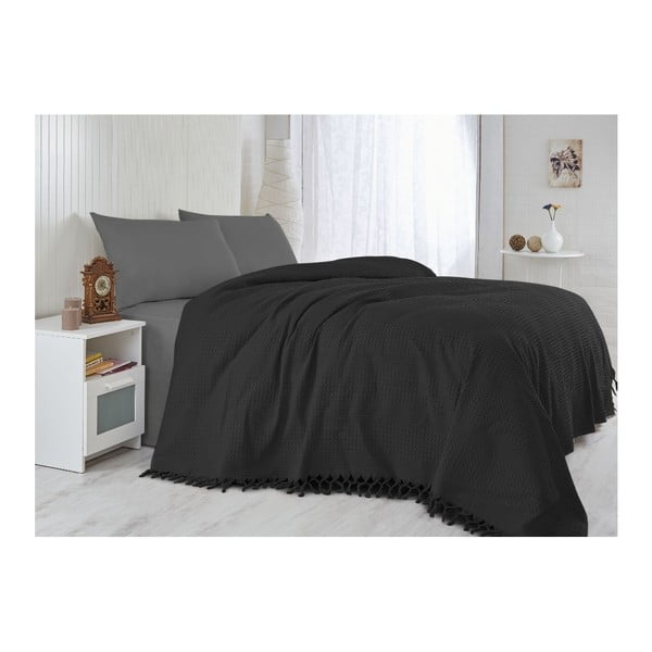 Juodas lengvas medvilninis viengulės lovos užtiesalas Grace, 180 x 240 cm
