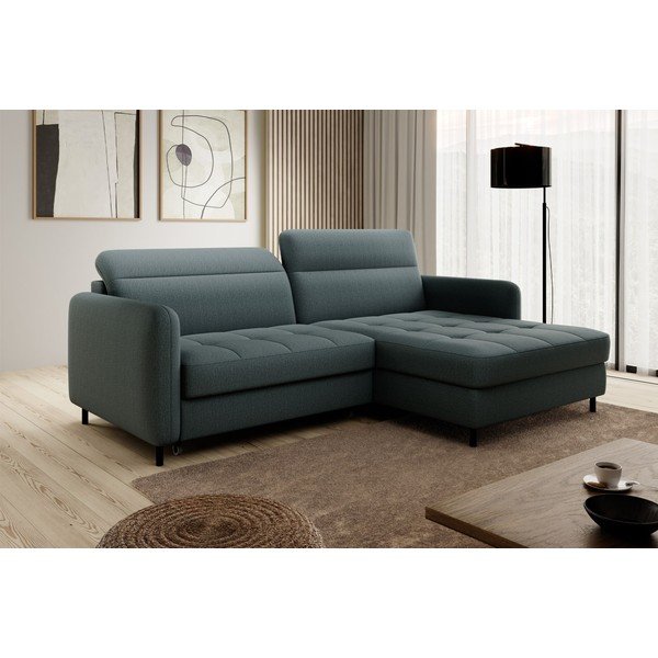 Pilkai žalios spalvos iš velveto sulankstoma/su sandėliavimo vieta kampinė sofa (su dešiniuoju kampu/su gultu) Gomsi – ELTAP-image-1