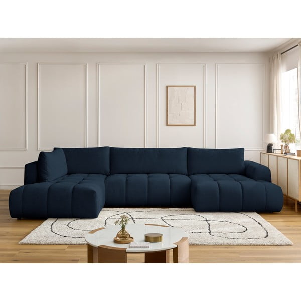 Tamsiai mėlynos spalvos sulankstoma/su sandėliavimo vieta kampinė sofa (su kairiuoju kampu/„U“ formos) Fuji – Bobochic Paris-image-1