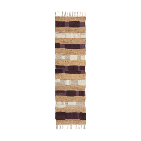 Rankų darbo iš džiuto mišinio kilimas violetinės spalvos/natūralios spalvos 60x230 cm Medina Blocks – Flair Rugs