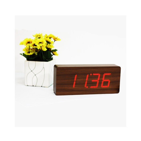 Tamsiai rudas žadintuvas su raudonu LED ekranu Gingko Slab Click Clock-image-2